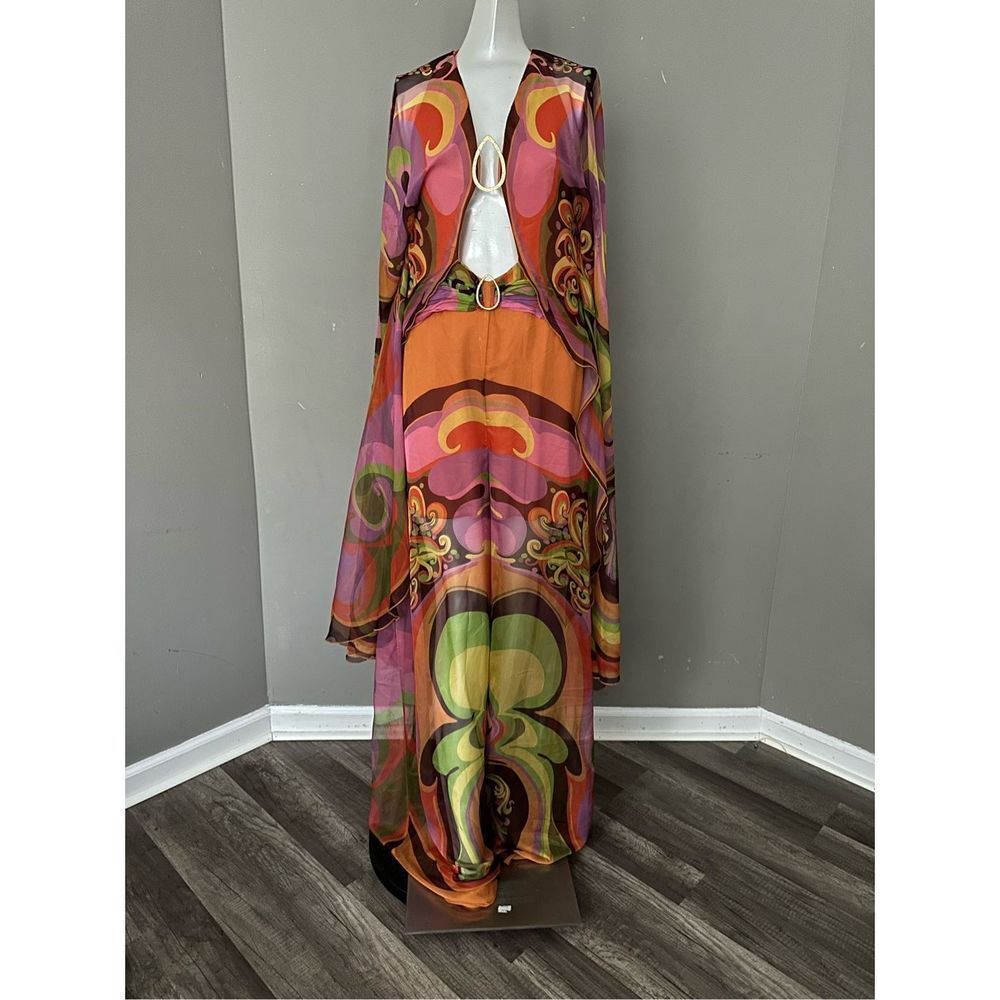 RAISA VANESSA PRINTED CHIFFON JUMPSUIT WITH DEEP NECK AND GOLD BUCKLE $2,290 - Picture 8 of 14